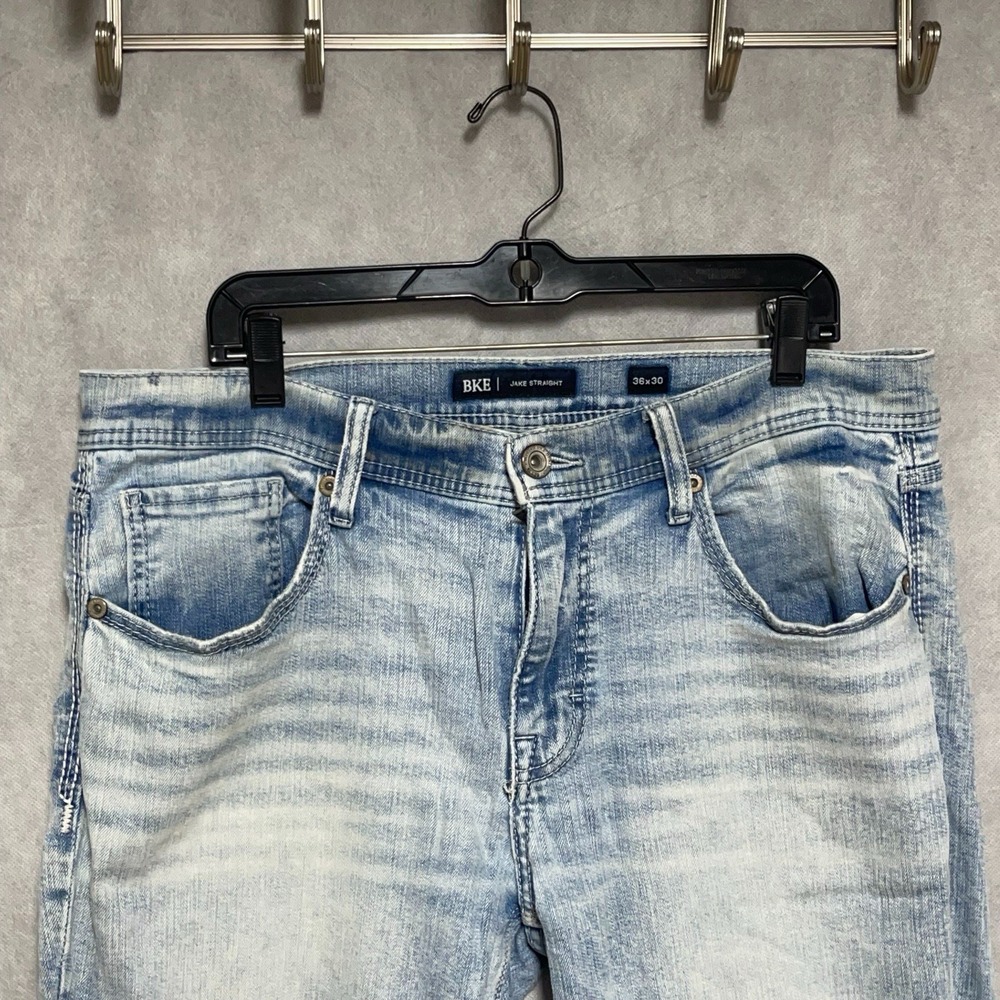 BKE Jeans Men 36x30 Blue Stone Wash Jake Straight Preppy Buckle Stretch Whisker